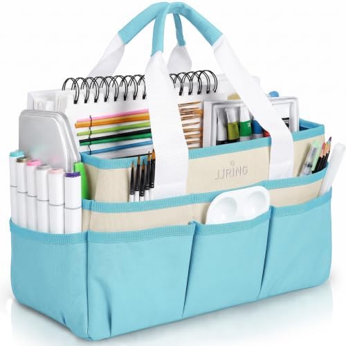JJRING Craft Organizer Tote Bag Art Storage Caddy Sky Blue and Beige | With Multiple Pockets For Sewing, Scrapbooking, School, Medical, And Office Supplies