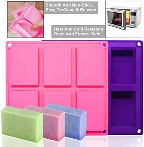 Bangp 4 Pack Silicone Soap Molds with 100pcs 3.5x5 inches Bags | Rectangle Soap Molds for Soap Making,6 Cavity Silicone Molds for Craft Soap,Chocolate,Jelly,Cake and Ice Cubes(Purple & Pink)