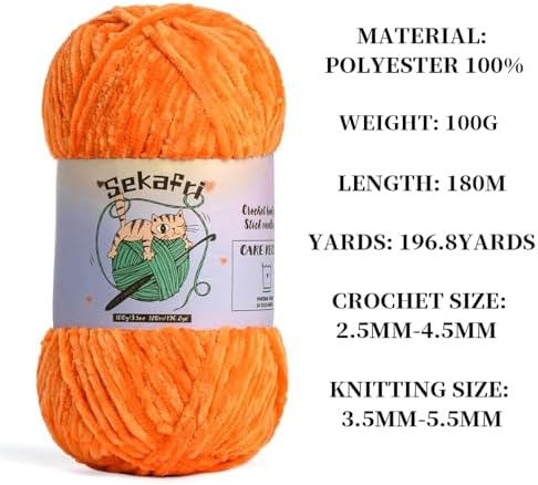 Fuzzy Chenille Yarn for Crocheting,Fluffy Amigurumi Crochet Yarn for DIY Craft/Hat/Shoes,(100 g/197 yds) Soft Velvet Baby Blanket Yarns（Orange）