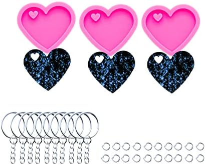 3pc Super Shiny Mini Heart Resin Silicone Molds, Keychain Mould Crafts Epoxy Resin, Art DIY Charms Mold with 10PC Key Ring(DY0405+DY0405+DY0405)