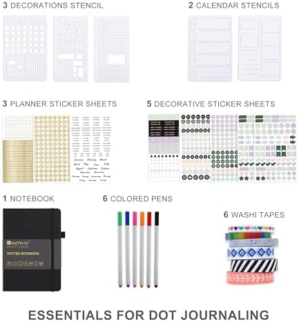 &And Per Se Dotted Journal Kit, A5 Hardcover Dot Grid Journal Notebook Set for Beginners with Journaling Supplies Stencils, Stickers, Washi Tapes & Colored Pens Accessories (Black)