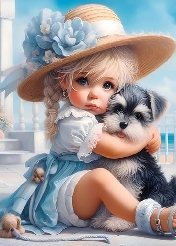 GEWOUVIN Girl and Dog Diamond Art Kits for Adults,Diamond Painting Kits for Adults Beginners,Seaside DIY Full 5D Round Drill Gem Art Kits for Gift Home Wall Decor【11.8x15.7inch】