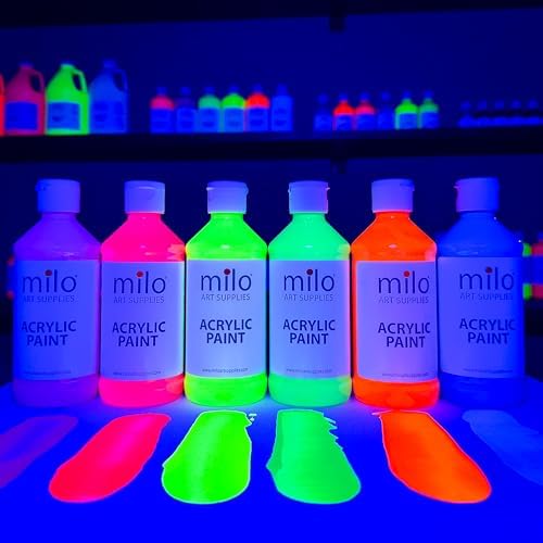 milo Fluorescent Acrylic Paint Set of 6 Colors | 4 oz Bottles | Student Neon Colors Acrylics Painting Pack | Made in the USA | Non-Toxic Art & Craft Paints for Artists, Kids, & Hobby Painters