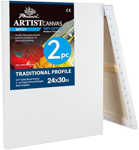 PHOENIX 24x30 Inch 2 Pack Artist Canvas - Extra Large Stretched Canvases for Painting - 3/4 Inch Profile, 100% Cotton 11 Oz. Gesso Primed White Blank Professional Canvas Oil & Acrylic Paints