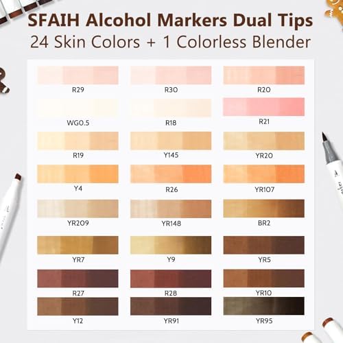 SFAIH Skin Tone Alcohol Markers Brush & Chisel [25 Diverse Portrait Colors] | Soft Reversible Brush Art Markers for Portrait Hair Skin Anime Character, Seamless Blending - Artists/Creators & Refillable
