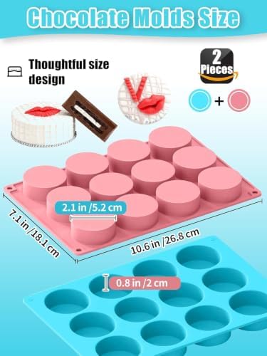 2 PCS Round Chocolate Cookie Molds, 12-Cavity Cylinder Silicone Mold, Perfect for Chocolate Covered, Cake, Candy, Pudding, Mini Cakes Jelly Baking -Blue&Pink
