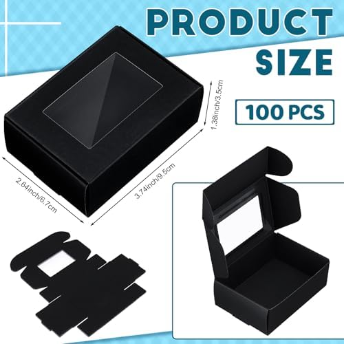 Zonon 100 Pcs Soap Boxes for Homemade Packaging, Mini Kraft Boxes with Window for Bakery Candy Soap Making Gift Packaging, 3.7x2.6x1.4 Inch (Black)