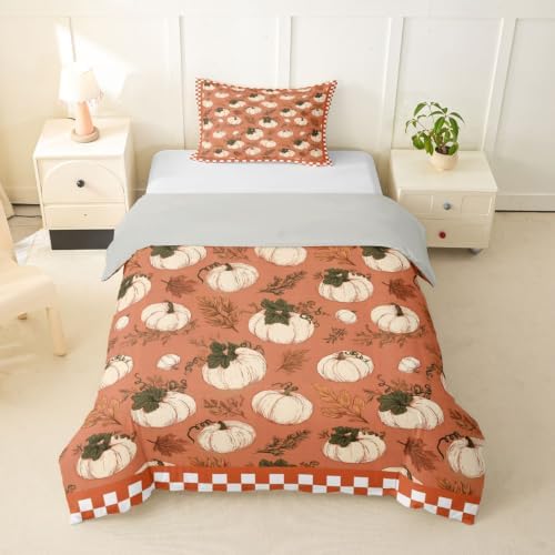 Erosebridal Fall Pumpkin Duvet Cover Twin Size Autumn Leaf Bedding Set for Kids Boys Girls Orange Thanksgiving Comforter Cover Harvest Bedclothes Room Decor