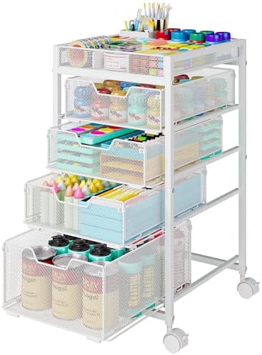 Rolling Utility Cart with 4 Drawers, Craft Organizer and Storage Carts with DIY Divider, Lockable Wheels Storage Organizer for Art Supplies, Store for Brushes & Paints & Artifacts, White