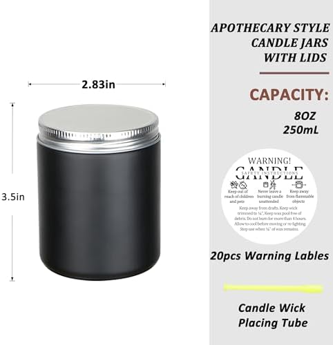 MILIVIXAY 20 Pack 8 OZ Thick Glass Matte Black Candle Jars with Silver Lid-Bulk Empty Candle Jars for Making Candles-Canning Jar for Spice, Liquid, Sample- Dishwasher Safe.