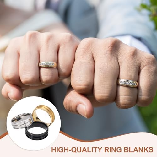 MECCANIXITY 3 Pcs Titanium Steel Ring Blank, 8mm Width Grooved Inlay Ring Blanks for Jewelry Making DIY Craft Supplies(Black/Gold/Silver, Size 10)
