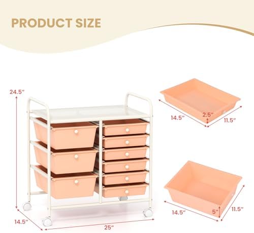 LDAILY 9 Drawer Rolling Storage Cart, Rolling Cart with Drawers for Classroom, Art Supply Craft Organizer on Wheel with Metal Frame & Handles for Home Office School