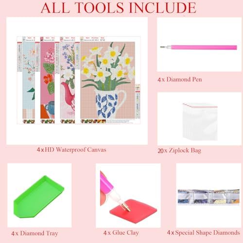 4 PC Flower Vase Diamond Art Kits for Adults, Diamond Painting Kit Adults for Beginners, Round 5D DIY Dimond art,Full Drill Painting Kit Art and Crafts for Adults Home Wall Decor【11.8x15.7inch】