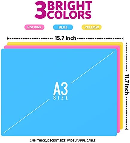 LEOBRO Silicone Mat, 3 PCS Silicone Mats for Crafts, Resin Molds, Play Dough Mat, Placemat, Clay Mats, for Epoxy Resin, Crafts, Yellow & Hot Pink & Blue, 15.7”x 11.7