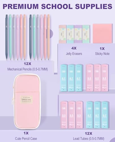 Aesthetic School Supplies with Cute Pencil Case, 12x Pastel Mechanical Pencils 0.5 & 0.7mm with 720x HB Leads, 4x Erasers and 1x Sticky Note, Suitable for Writing, Drafting Drawing Sketching(pink)