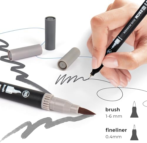 Gray Duo Tip Marker Pens, 12 Fine & Brush Tip Pen For Adult Coloring Books