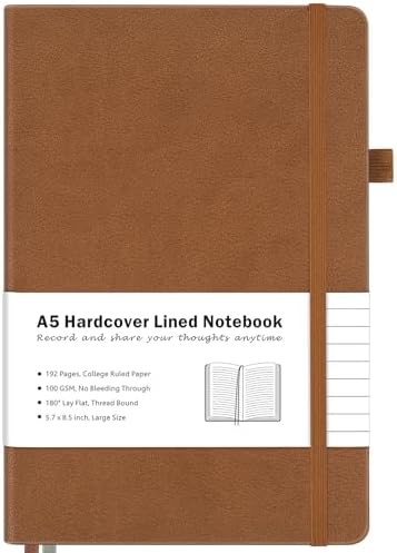 College Ruled Notebook, Hardcover Leather Journal for Women Men, A5, Lined