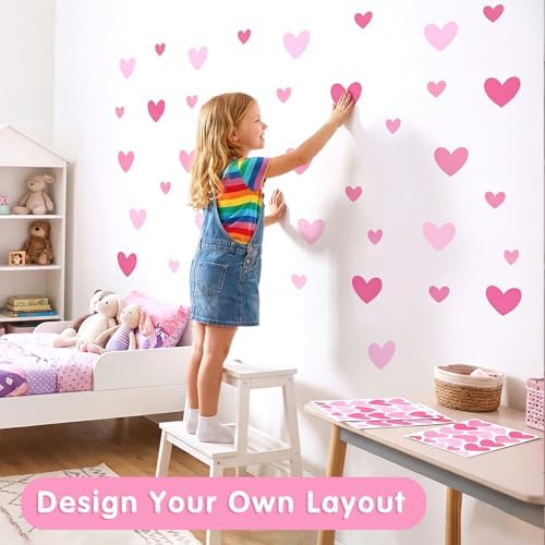 AOWDIAO 170 Pcs Heart Wall Decals - Peel and Stick Pink Decor for Girl Bedroom, Nursery, Playroom Decoration