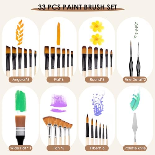 33Pcs Professional Paint Brush Set Flat Filbert Fan Art Brushes | Works for acrylic, oil, watercolor painting, comes with palette knife, ideal art supplies for artists, beginners & students