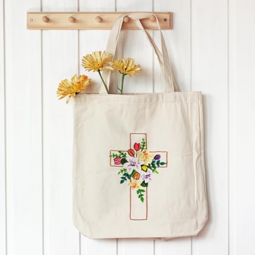 Louise Maelys Cross Floral Embroidery Kit for Beginners Canvas Tote Bag