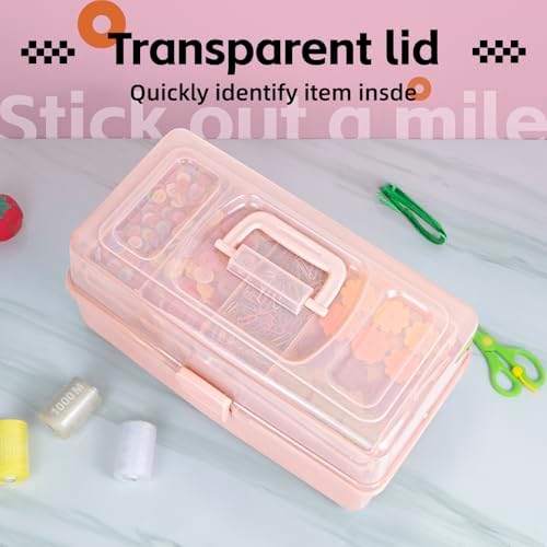 TERGOO 14in 3-Layer Multipurpose Craft Organizers and Storage with Adjustable Dividers, Portable Tackle Box, Folding Art & Craft Case for Medicine, Tool, Sewing Organizer (Pink, X-Large)
