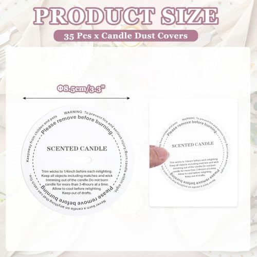 MECCANIXITY 35 Pcs Candle Dust Covers, 8.5cm/3.4" Round Printed Translucent Candles Drip Protectors Lid Accessories Letter Pattern for Craft Fragrance Making Jars Boxes Packaging