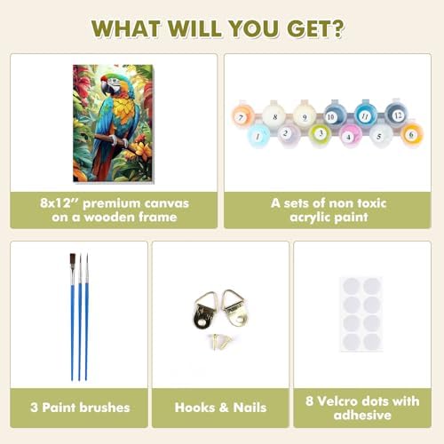 Bowetile Framed Paint by Numbers Parrote for Adults Beginners, Adults' Paint-by-Number Birds Kits, Easy Adult Paint by Number Kits on Canvas, Acrylic Animals Number Painting for Home Decor, 8x12in
