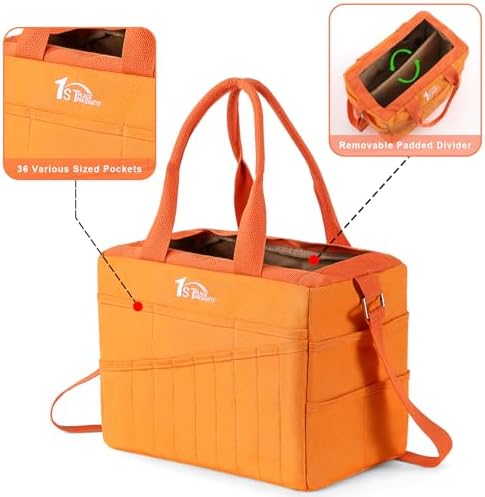 Art Craft Supply & Pottery Bag – 36 Pockets – Detachable Shoulder Strap - Handles – Removable Padded Divider - Washable – Tools, Knitting, Crochet, Yarn, Sewing, Scrapbooking, Clay, Tote