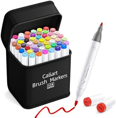 Caliart 51 Colors Brush Tip Alcohol Markers Brush & Fine Coloring Markers | Permanent Markers for Adult Coloring Books No Bleeding, Beginners Artists Sketch Pens Illustration Drawing Art Supplies Gifts