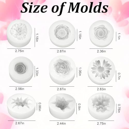 9 Pcs Flower Molds Silicone Candle Molds for Candle Making, Daisy Peony Rose Carnation Hydrangea Plumeria Daffodil 3D Soap Mold for Soy Wax, Beeswax, Soap Making, Resin Craft