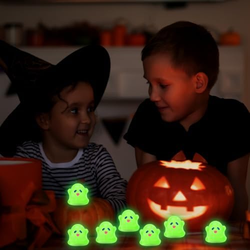 JUNEBRUSHS 50 Pcs Halloween Mini Ghost, Luminous Ghost Figurines Miniature Ornaments Glow in The Dark for DIY Crafts Party Gifts Landscape Decorations