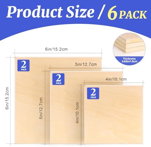 ESRICH 6 Pack Wood Panels with 4"x4", 5"x5", 6"x6", Square Craft Wood Canvas Boards, Blank Unfinished Wooden Art Board for DIY Art Creations Such as Painting, Acrylic Pouring, Resin, Burning, Collage