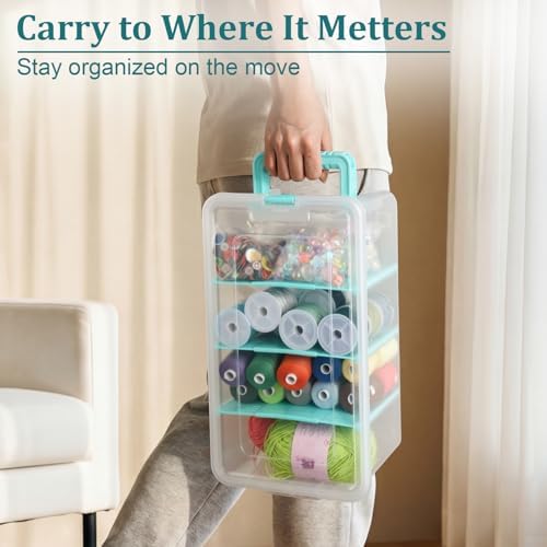 BTSKY Clear Plastic Dividing Storage Box with 4 Deep Compartment Sewing Box