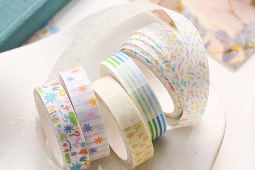 Cute Pattern Washi Tape Set 5 Rolls Glitter Cover Decorative Wide Kawaii Masking Tapes for Arts, DIY Crafts, Journals, Planners, Scrapbook, Wrapping (10 Doodle Mix)
