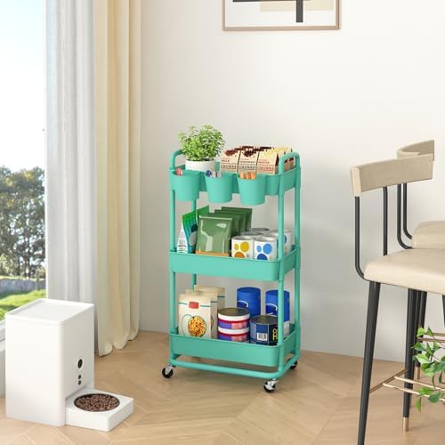 JIUYOTREE 3-Tier Plastic Rolling Storage Cart Utility Cart Green