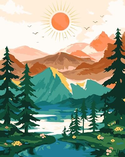 Yunnuo Landscape Paint by Numbers Kit for Adults Beginner, Sun & Mountain Paint by Number Canvas,Acrylic Abstract Paint with Numbers for with 3 Pcs Paintbrushes Home Wall Decor Gift (16 x 20 in)