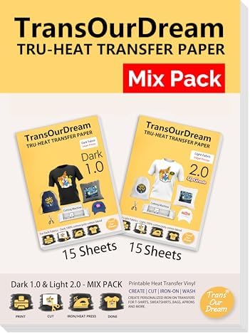 TransOurDream Iron on Heat Transfer Paper for Dark and Light Fabrics (15+15 Sheets, 8.5x11", Mix Pack) Iron on Transfers for T Shirts Printable HTV Heat Transfer Vinyl for Inkjet Printers