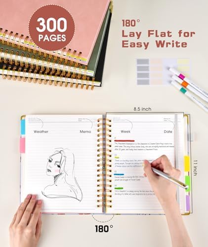 Hardcover Spiral Notebook 8.5"x11" Journal with Removable Dividers Tabs, 300 Pages Leather 5 Subject Notebook College Ruled, Large A4 Notebooks for Work School, Journal for Women, A4 Light Brown