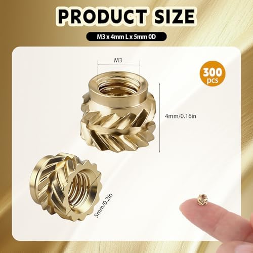 300 Pcs M3 Threaded Inserts,M3 x D5 x L4 Heat Set Inserts Brass Nuts,3D Printing Knurled Metric Nuts for Plastic,3D Printer Brass Inserts Knurled,Easy to Secure Fixation