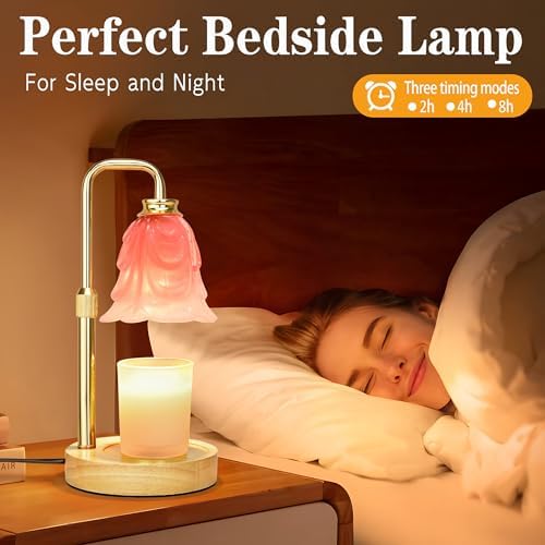 XJZJY Pink Glass Flower Candle Warmer Lamp with Timer, Home Decor Gifts | Dimmable wax melt warmer with 2 bulbs for jar candles, height adjustable, pink tulip design, home decor, housewarming gifts