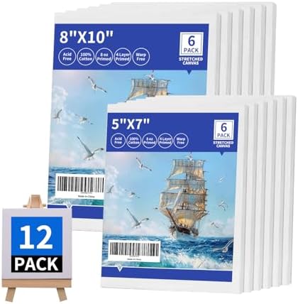 Pre-Stretched Canvases for Painting (12 Pack), Blank Painting Canvas for Adults & Kids, 5"x7" and 8"x10" Canvas – Each 6 Pack, 100% Cotton Pre-Primed, Suitable for Pouring, Acrylic and Oil Painting