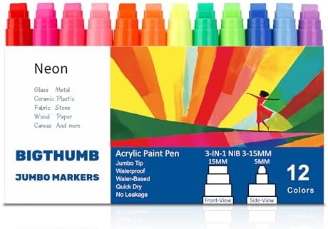BIGTHUMB Jumbo Graffiti Poster Markers Set: 12 Neon Colors Large 15mm Wide Tip Permanent Ink Thick Acrylic Paint Pens for Rock Painting, Stone, Glass, Wood, Ceramic, Metal, Plastic, Fabric