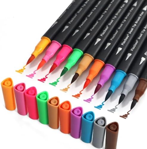 Piochoo Coloring Markers Pens, 34 Dual Tip Brush Pens, Fine Point Marker set for Adult Coloring Book, Bullet Journaling, Drawing