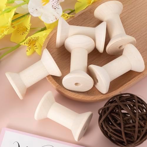 Pndeyo 8pcs Wooden Spools of Crafts, 2in Empty Natural Wood Thread Spools, Unfinished Wooden Textile Bobbin for Organizing Cord Twine Ribbon Chains Elastic Threads