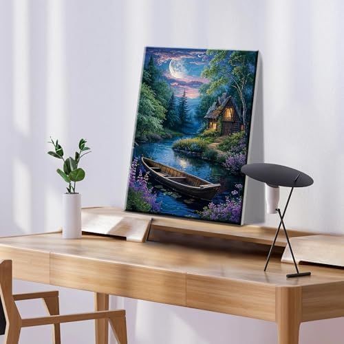 ATDMS Landscape Paint by Numbers Kit for Adult with Easel DIY Cabin Paint by Number with Frame Lake House Digital Oil Painting Kits for Wall Hanging Home Room Decor 7.87x11.81 Inch