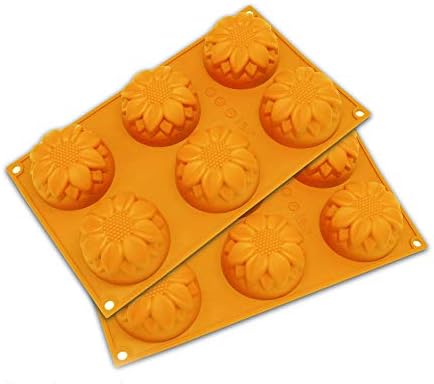 2 Pack 6 Cavity Sunflower Silicone Molds Muffins Brownies Soap Baking Trays | Flexible reusable design creates cornbread cheesecake panna cotta pudding gelatin desserts and jello shots with quick release