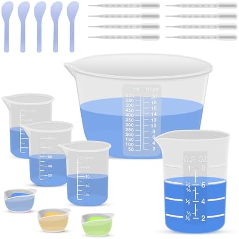 Silicone Resin Mixing Measuring Cups for Resin Supplies, 600ml/20oz Bowl, 250 & 100ml Thickened Reusable Silicone Cups for Epoxy Mixing, with Stir Sticks and Pipettes, Jewelry Making