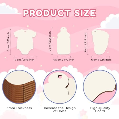 Baby Shower 30Pcs Unfinished Wooden Gift Ornaments DIY Craft Present Paintable Blank Natural Onesie Bottle Footprint Cutouts Hanging Wood Slices for Party Supplies
