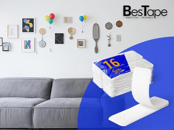 16 Sets 1 x 3 Inch Adhesive Hook and Loop Tape Fastener Strips, Heavy Duty, Strong Back Adhesive, Double-Sided Hook and Loop for Fabric, School, Classroom, Office, Dorm, Home Use, White