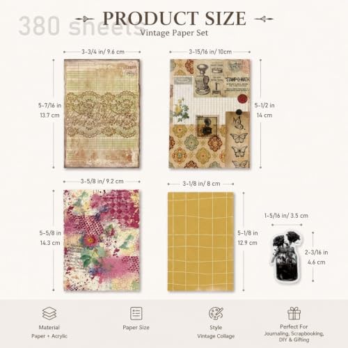 380 Sheets Vintage Scrapbook Paper Pack with Black Rose PET Stickers